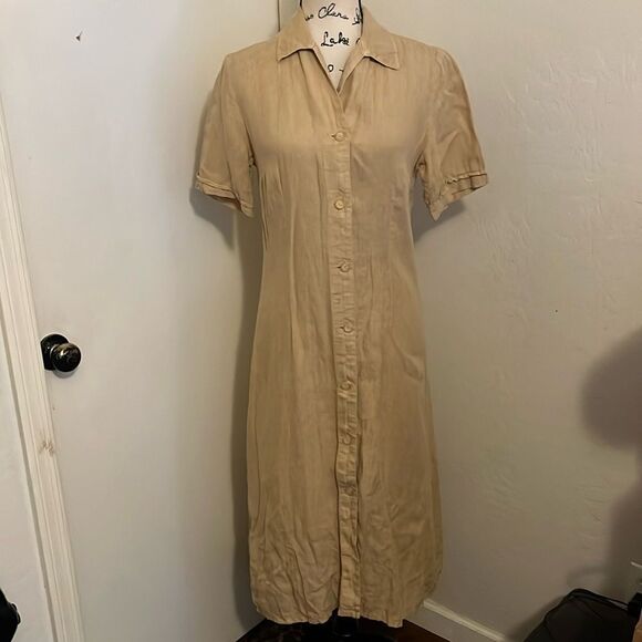 120% Lino Tan 100% Linen Button Closure Casual Dress Coastal Resort Minimalist - Picture 1 of 11
